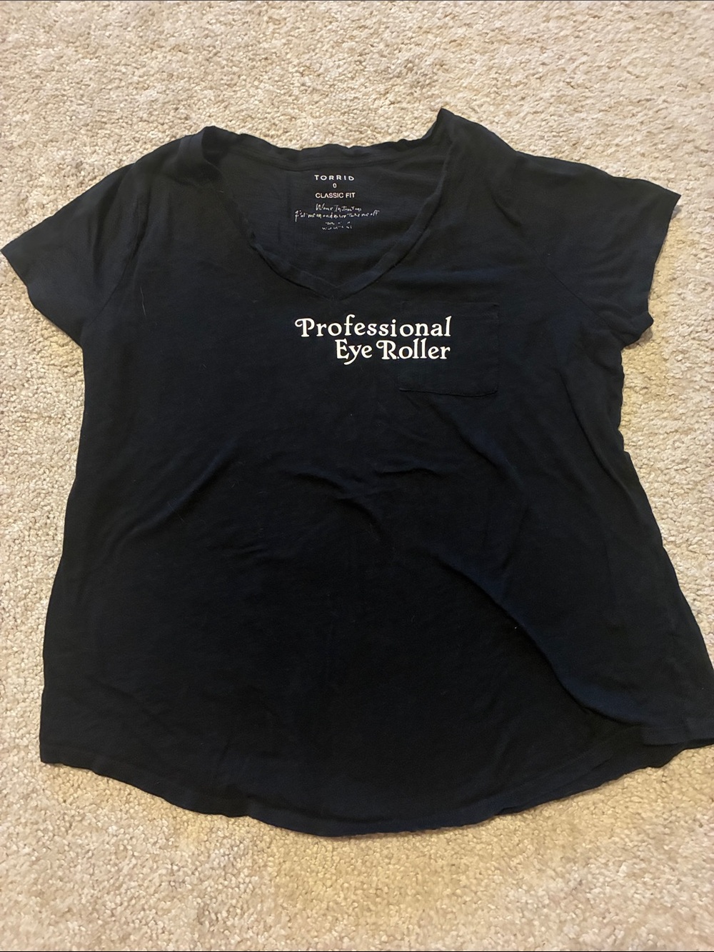 torrid Black V-Neck Tee with White "Professional Eye Roller" Graphic